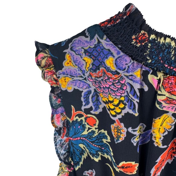 J. Crew Black Floral Print Midi Dress Womens S Mock Neck Tiered Ruffle Sleeve - Picture 2 of 10